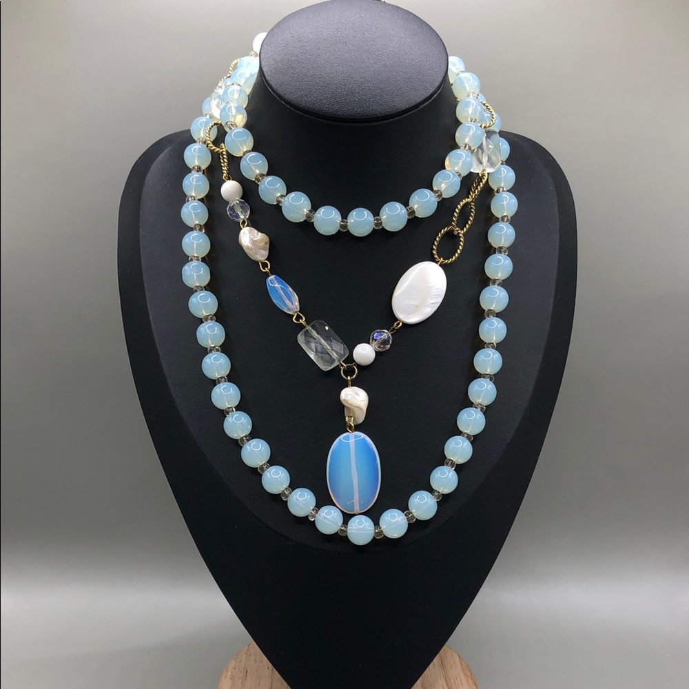 Cookie Lee Y drop Mop Shell Chain Necklace + Artisan Opalite Beaded Long Necklac